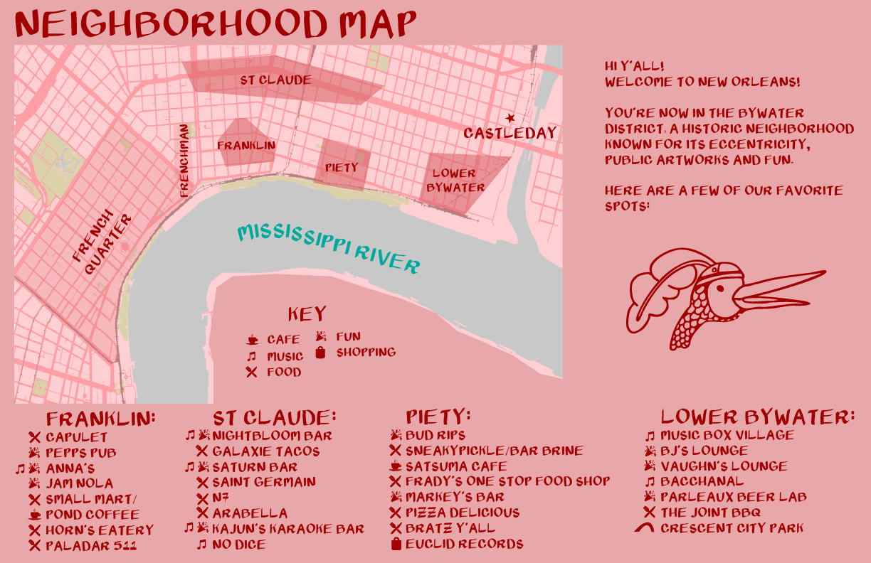 Illustrated map of the Bywater and surrounding neighborhoods with CastleDay marked