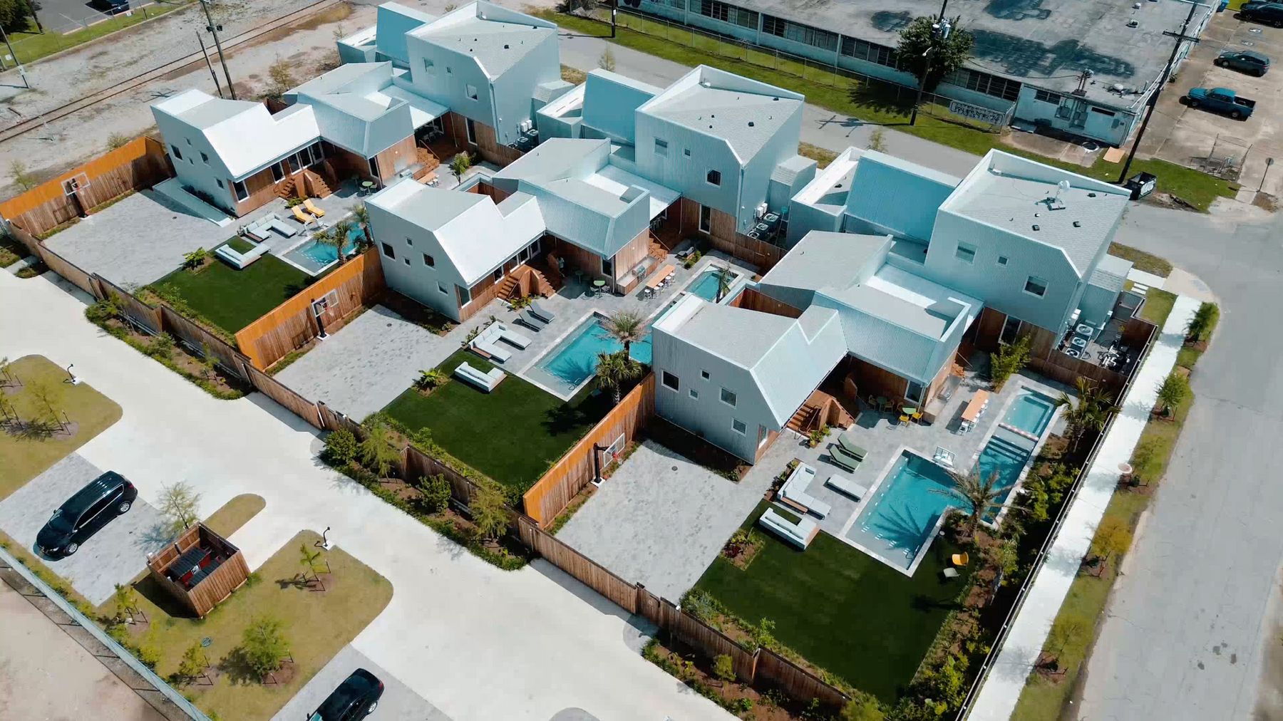 All three villas on one Bywater block, from above
